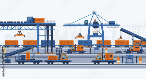 Industrial Port with Cranes and Cargo Containers.