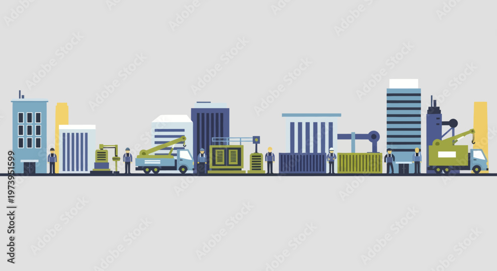 Fototapeta premium Modern Cityscape with Delivery Trucks and Shipping Containers.