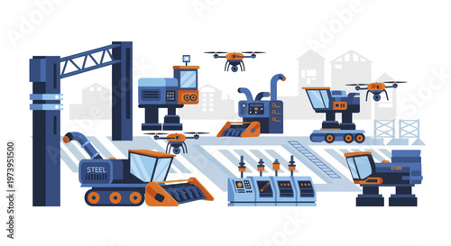 Modern agricultural machinery and drones in a field.