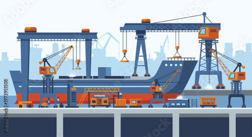 Large cargo ship under construction in a dry dock with cranes.