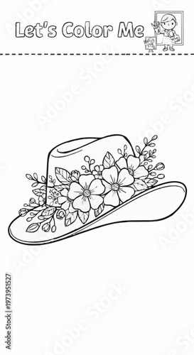 A colouring page featuring a fashion accessory set against a backdrop of a garden in full bloom, from the women’s hat collection 