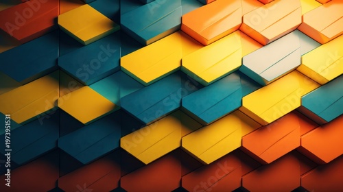 A vibrant mosaic of geometric blocks creates a dynamic landscape of color and light.