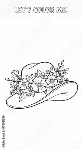 A colouring page featuring a fashion accessory set against a backdrop of a garden in full bloom, from the women’s hat collection 