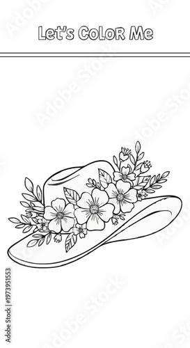 A colouring page featuring a fashion accessory set against a backdrop of a garden in full bloom, from the women’s hat collection 
