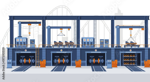 Modern automated factory production line with robotic arms and conveyor belts.