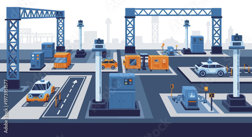 Modern Automated Logistics Hub with Autonomous Vehicles and Drones.