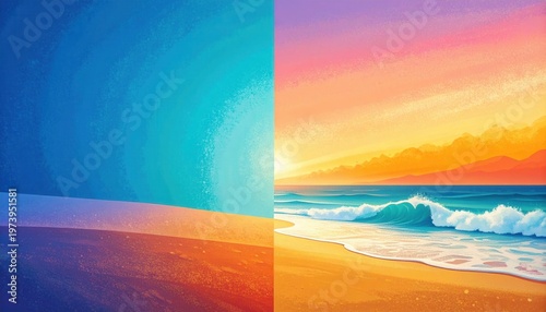 왼쪽의 미니멀한 추상 사막 디자인과 오른쪽의 생동감 넘치는 해변 일몰 풍경이 조화롭게 배치되어 자연의 신비로움과 예술적 감각을 동시에 전달하는 고해상도 디지털 일러스트레이션 배경 화면입니다.