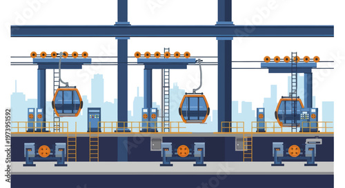 Modern Cable Car Station with Gondolas Lined Up.