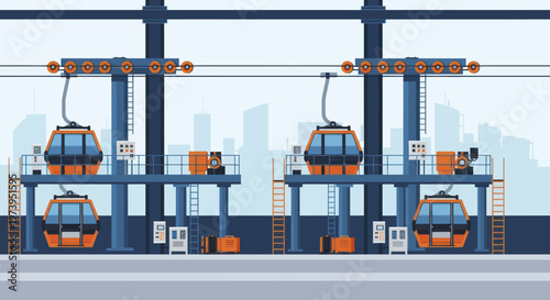 Modern Cable Car Station with Gondolas and Urban Skyline.