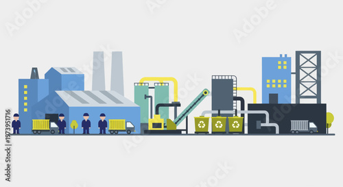 Modern Industrial Factory Complex with Workers and Machinery.