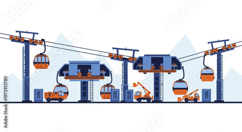 Modern Ski Lift Gondola System Construction and Operation.