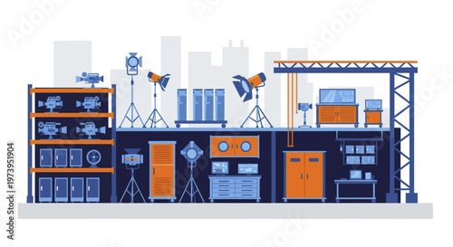 Professional Photography Studio Setup with Lighting Equipment and Props.