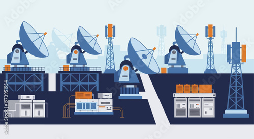 Satellite dishes and communication towers array for global connectivity.