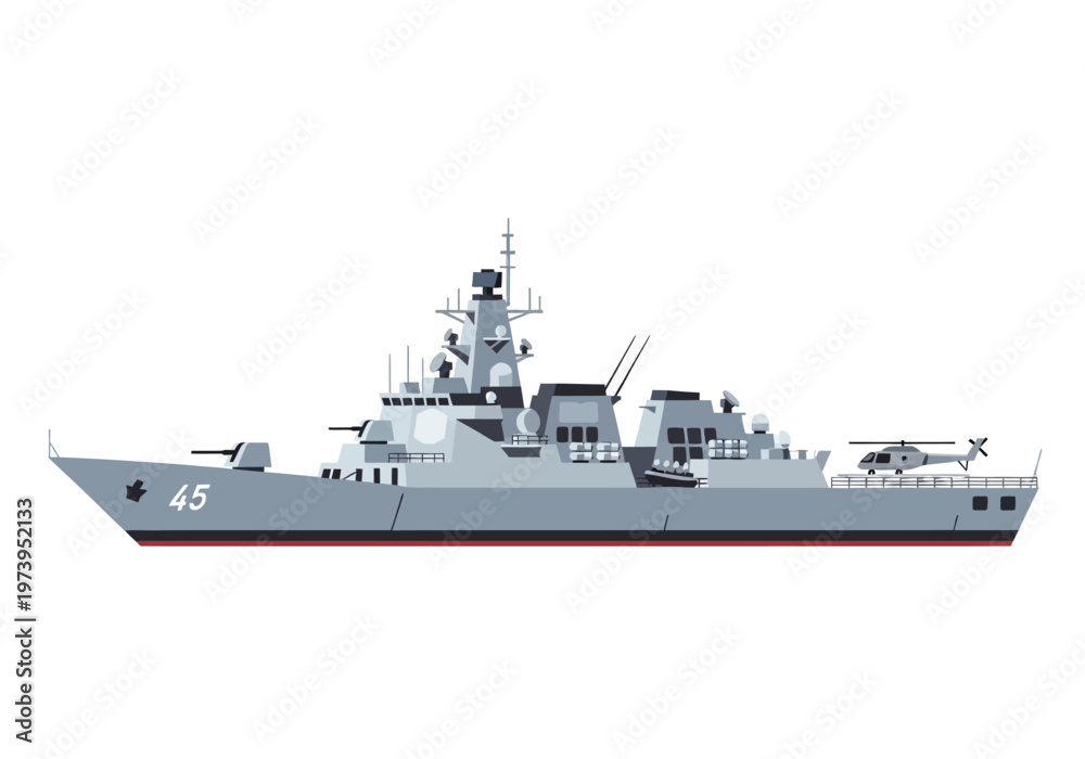 Fototapeta premium Modern Warship with Helicopter Pad and Artillery Guns.