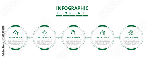 5 Stage Circular Infographic Diagram, Modern Process Cycle Green Version Flow Design with Icons, Clean Business Roadmap Illustration, Minimal Vector Template Layout