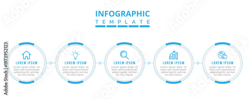 5 Stage Circular Infographic Diagram, Modern Process Cycle Blue Flow Design with Icons, Clean Business Roadmap Illustration, Minimal Vector Template Layout