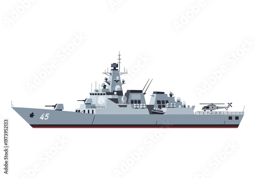 Modern Warship with Helicopter Pad and Artillery Guns.