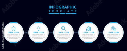 5 Circular Blue Steps Infographic Diagram with Icons, Modern Cycle Process Flow Chart Design, Clean Workflow Timeline Illustration, Business Strategy Circular Roadmap Template