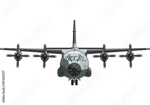 Front view of a powerful military cargo transport aircraft with four engines.
