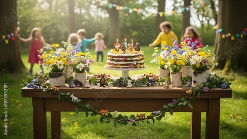 Enchanting Outdoor Birthday Celebration with Children and Cake.