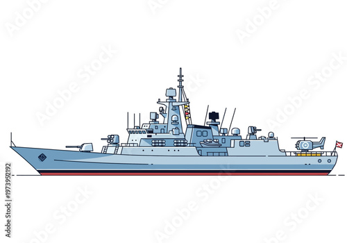 Modern Warship with Helicopter Deck and Armaments.