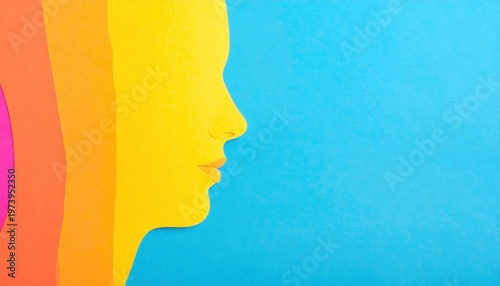 파란색 배경 위에 노란색과 주황색 그리고 붉은색 종이로 겹쳐진 사람의 옆모습 실루엣은 창의적인 사고와 정신 건강 그리고 자아 정체성을 상징하는 미니멀한 현대적 예술 작품입니다.