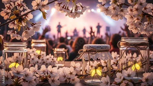 Enchanting outdoor concert scene with cherry blossoms and mason jar lights.
