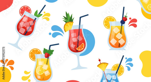 Colorful Tropical Cocktails Vector Illustration Set with Fresh Fruits and Ice for Summer