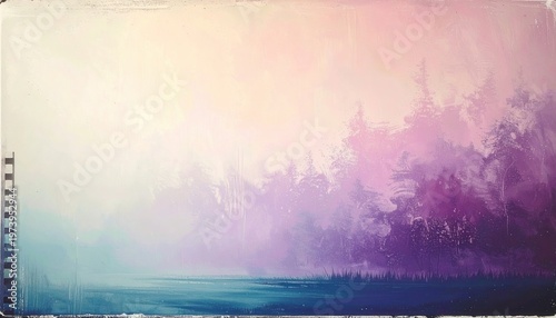 몽환적인 보라색과 분홍색 톤의 안개가 자욱한 침엽수림과 고요한 호수가 어우러진 평화롭고 신비로운 새벽 분위기의 예술적인 수채화 스타일 풍경화 배경 이미지로 자연의 아름다움을 담고 있습니다.