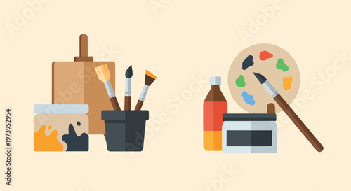 A minimalist flat vector illustration showcasing various art tools including brushes, paint jars, an easel, and a colorful artist's palette.