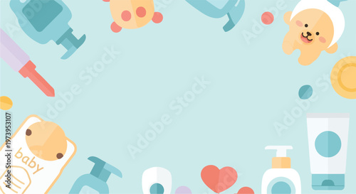 A vector illustration of various baby care items and a cute smiling infant arranged in a frame around a central light blue space.