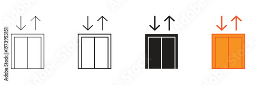 set of elevator door icons showing upward and downward movement with different styles including outline, silhouette, and colored versions for transportation and building access