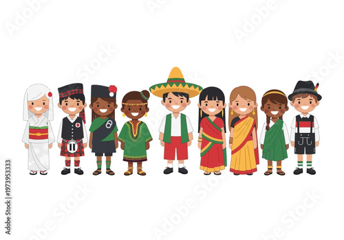 Foto Diverse group of children in traditional cultural clothing celebrating global unity
