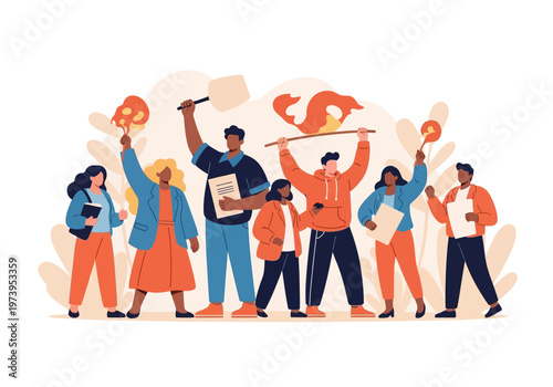 Diverse Group of People Protesting Holding Signs and Banners.