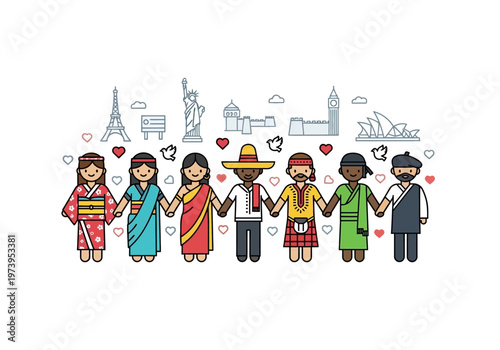 Diverse group of people holding hands in traditional clothing celebrating unity and diversity.