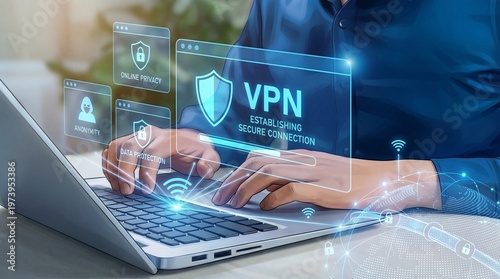 A person using a laptop with a VPN secure connection interface on the screen