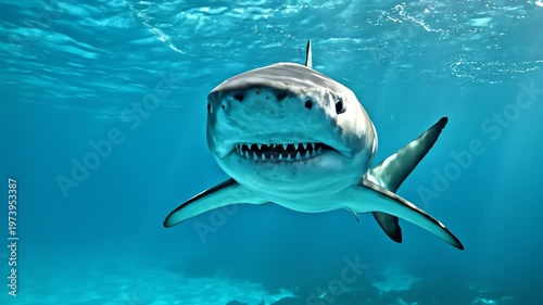 Great White Shark Swimming Swiftly Through Ocean Water Closeup