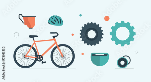 A flat vector illustration showcasing a bicycle alongside various cycling accessories and mechanical components like gears and a helmet.