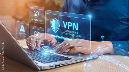 A person using a laptop with a VPN secure connection interface displayed