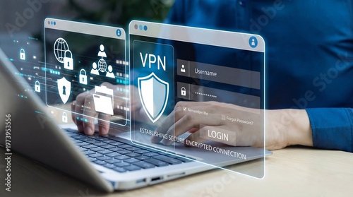 A person using a laptop with a VPN login screen and security icons