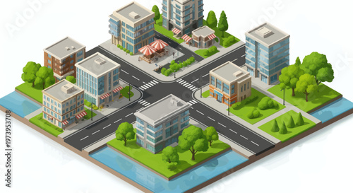 Photography Isometric Cityscape with Buildings and Green Spaces.