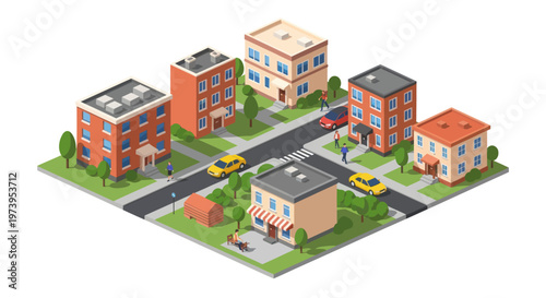 Isometric City Block with Buildings, Roads, and Cars.