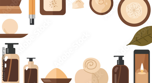 A clean vector illustration featuring spa and wellness products like lotions, towels, and candles bordering a white central space.