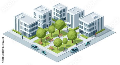Isometric City Block with Modern Buildings and Green Park.