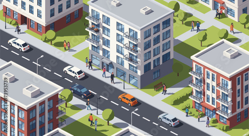 Isometric city street with cars and buildings, urban landscape.