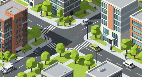 Isometric Cityscape with Buildings and Roads.