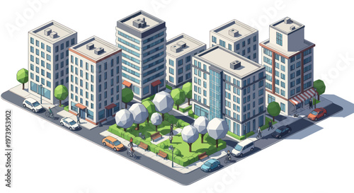 Isometric Cityscape with Modern Buildings and Green Park Area.