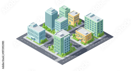 Isometric Cityscape with Modern Buildings and Roads.