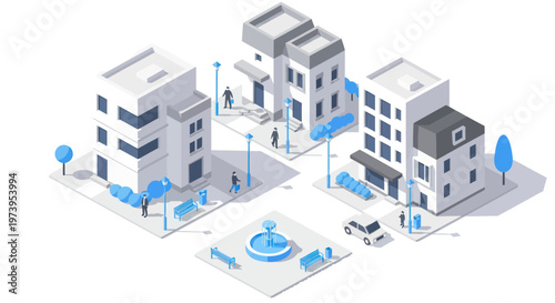 Isometric Cityscape with Modern Buildings and Smart Technology Elements.