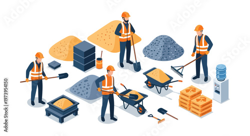 Isometric Construction Site with Workers and Building Materials.